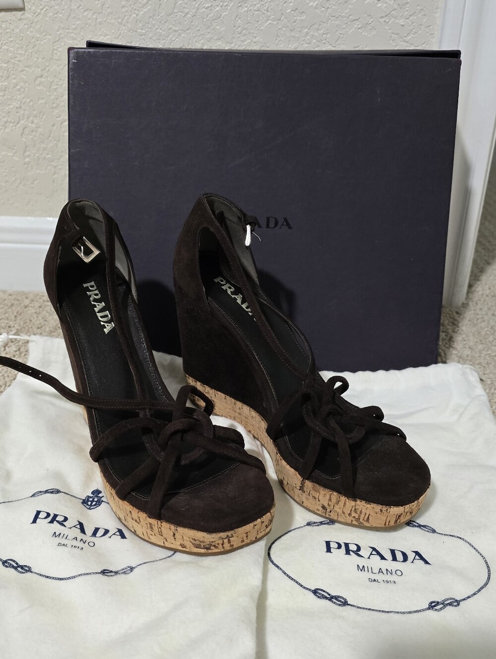 Prada Brown Cork Wedge Sandals